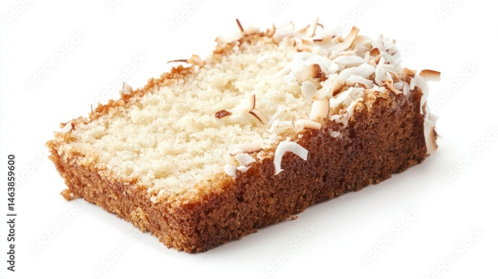 A slice of dairy-free coconut cake on a white background A slice of dairy-free coconut cake on a white background