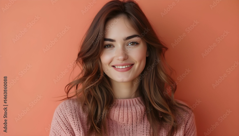 Smiling woman with long hair in cozy sweater poses against a vibrant orange wall during daytime Generative AI Smiling woman with long hair in cozy sweater poses against a vibrant orange wall during daytime Generative AI