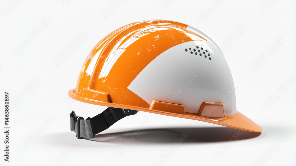 Orange and white safety helmet side view, glossy construction hard hat with adjustable strap, protective gear for industrial or engineering work, isolated on white background