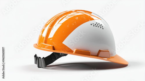 Obraz na płótnie Orange and white safety helmet side view, glossy construction hard hat with adjustable strap, protective gear for industrial or engineering work, isolated on white background w salonie
