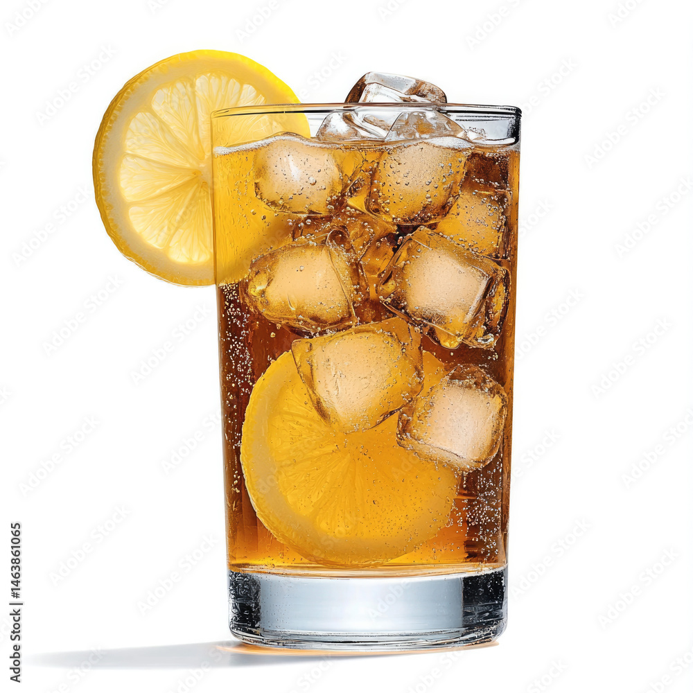 Iced tea with lemon slice and ice cubes in clear glass, refreshing cold drink on white background, summer beverage concept