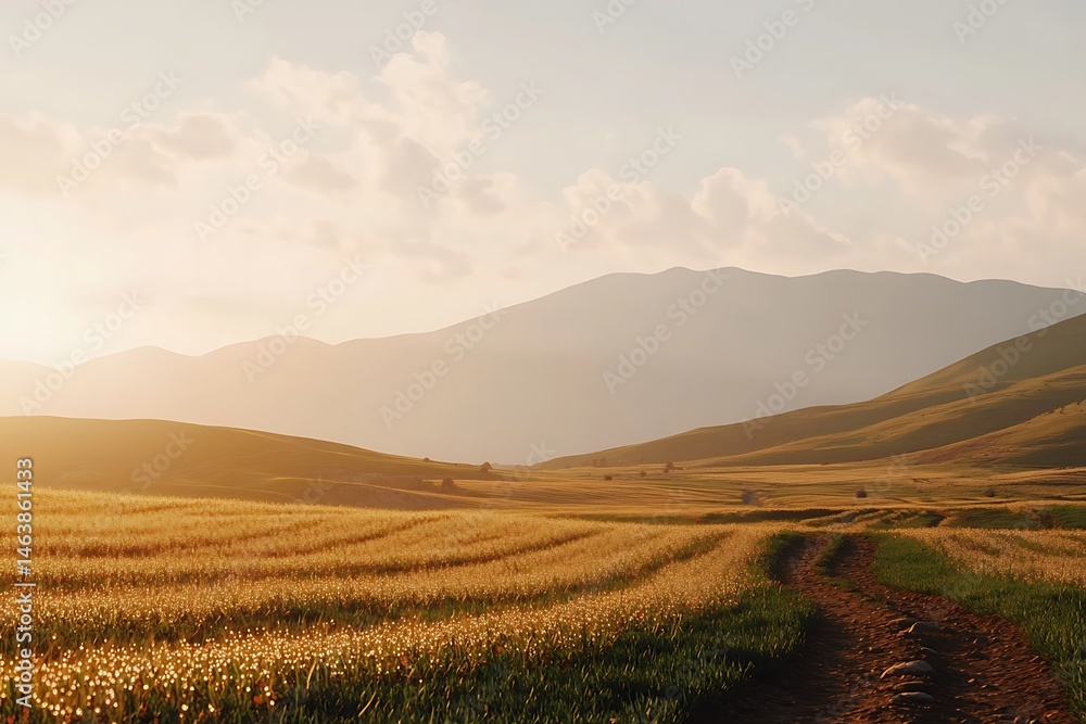 Obraz premium Golden Wheat Field at Sunset with Mountain Landscape Serene Rural Scenery