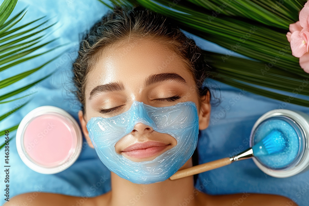 Young woman relaxing with blue facial mask applied by brush, eyes closed, surrounded by tropical leaves and skincare products, serene and rejuvenated spa atmosphere