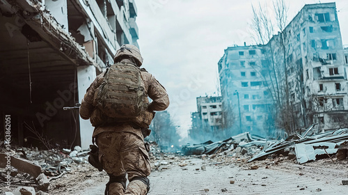 Rear view of soldier in camouflage uniform and tactical gear kneeling in war torn urban area, surrounded by destroyed buildings and debris, evoking tension and resilience