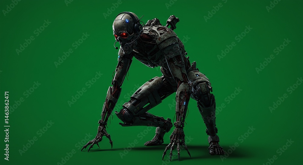 Fototapeta premium Crouching Robot on Green Background - Futuristic Machine