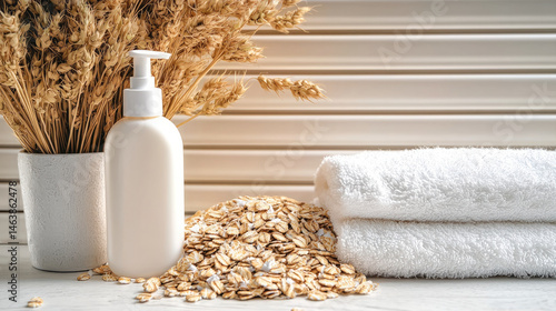 Obraz na płótnie Creamy lotion bottle, oat flakes, soft white towels, and dried wheat create soothing, natural spa atmosphere, evoking relaxation and gentle skincare in bright bathroom setting w salonie