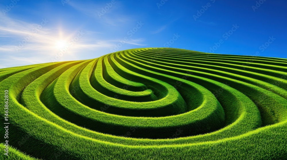 Lush Green Hills with Curved Grass Patterns under a Blue Sky Lush Green Hills with Curved Grass Patterns under a Blue Sky