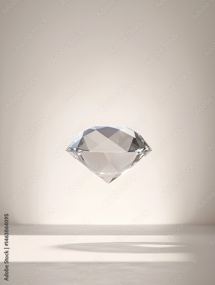 Pure white diamond gemstone floating above neutral background, sparkling with clarity and brilliance, minimalistic and elegant, evoking sense of luxury and purity