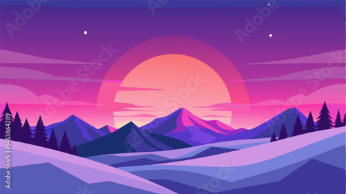 The sun sets behind the snowcovered hills casting a pink and purple glow over the peaceful winter landscape.