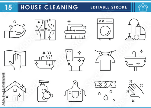 A set of line icons related to House Cleaning. Clean, house, hygiene, spray, wash, shine, and so on. Vector editable stroke.