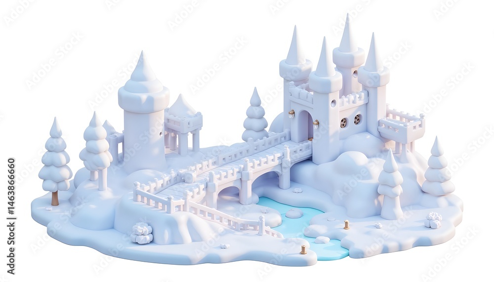 Obraz premium Isometric illustration of a snow-covered fantasy castle with tall, icy towers and a frosted suspension bridge.