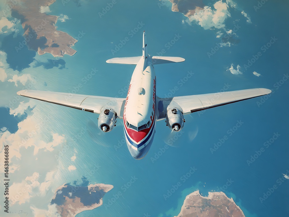 Obraz premium Vintage Airplane Flying Over Coastal Islands and Ocean