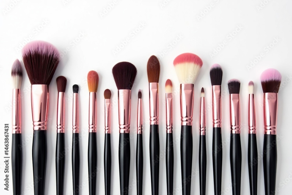 Set of diverse makeup brushes, pure white setting, background, brushes, cosmetics Set of diverse makeup brushes, pure white setting, background, brushes, cosmetics
