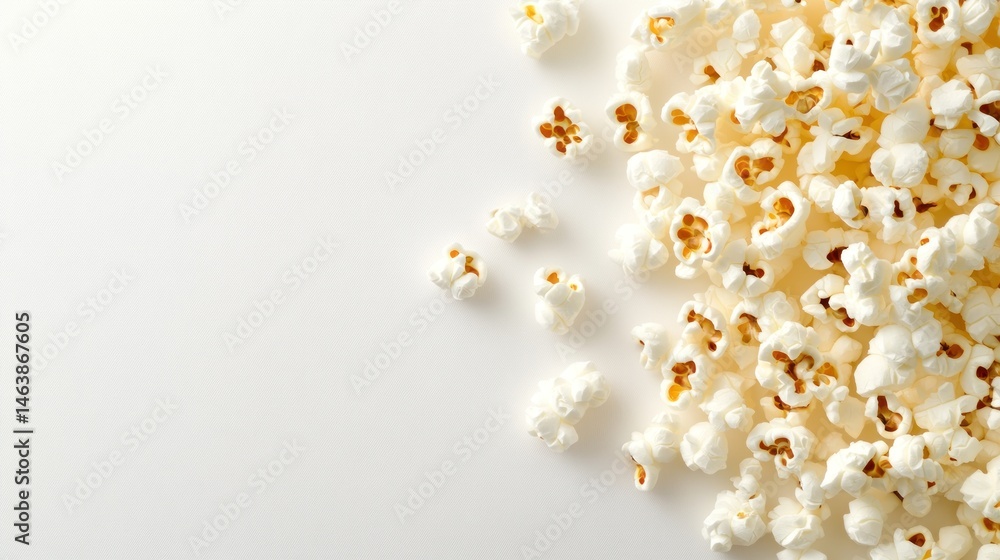 Fluffy popcorn kernels on white background overhead view Fluffy popcorn kernels on white background overhead view