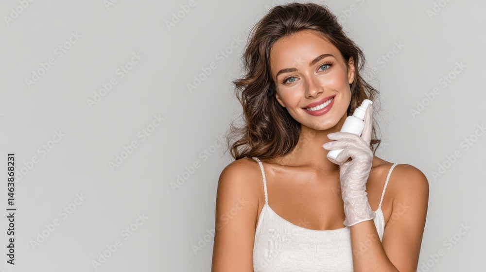 Beautiful woman with smooth, fresh skin and makeup, holding a bottle of face cream and removing gloves with her teeth in a skincare moment Beautiful woman with smooth, fresh skin and makeup, holding a bottle of face cream and removing gloves with her teeth in a skincare moment