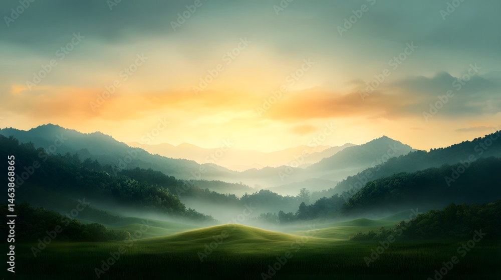 Fototapeta premium Tranquil rolling hills and verdant meadows at dusk