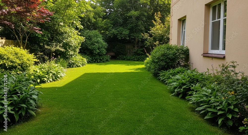 Fototapeta premium Lush green lawn with garden and building exterior view