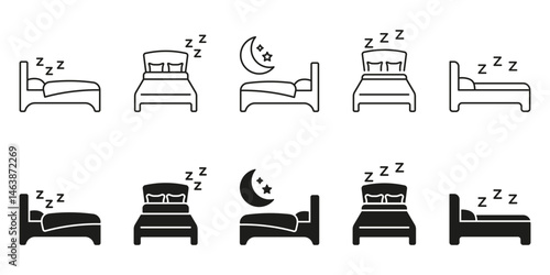 Bed And Sleep Line And Solid Icon Set. Rest, Relaxation, And Nighttime Sleep Symbol Collection. Bedroom Furniture And Sleep Quality Representation. Isolated Vector Illustration