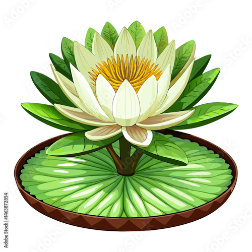 A vector illustration of a giant Amazonian water lily with wide flat leaves and a white flower, isolated on white