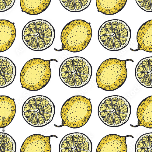 Lemons seamless pattern. Yellow fruits whole and slice. Hand drawn vector illustration. For food and cosmetic labels, jam, lemonade, wrapping paper, textile, fabric, covers, wallpaper.