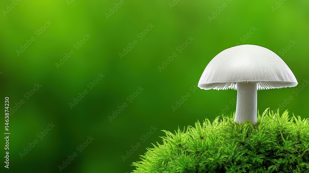 White Mushroom Growing on Green Moss in Nature Background White Mushroom Growing on Green Moss in Nature Background