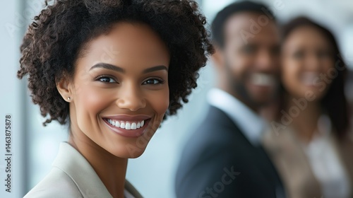 Happy multiethnic business people standing together in an office.