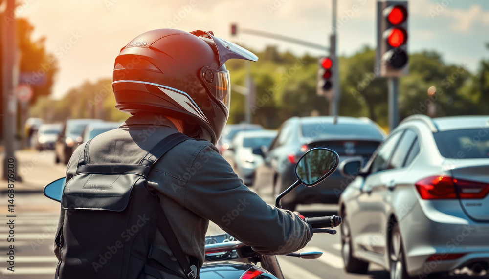Motorcycle Rider Waiting at Traffic Light in Urban Setting with Cars and Red Signals Motorcycle Rider Waiting at Traffic Light in Urban Setting with Cars and Red Signals