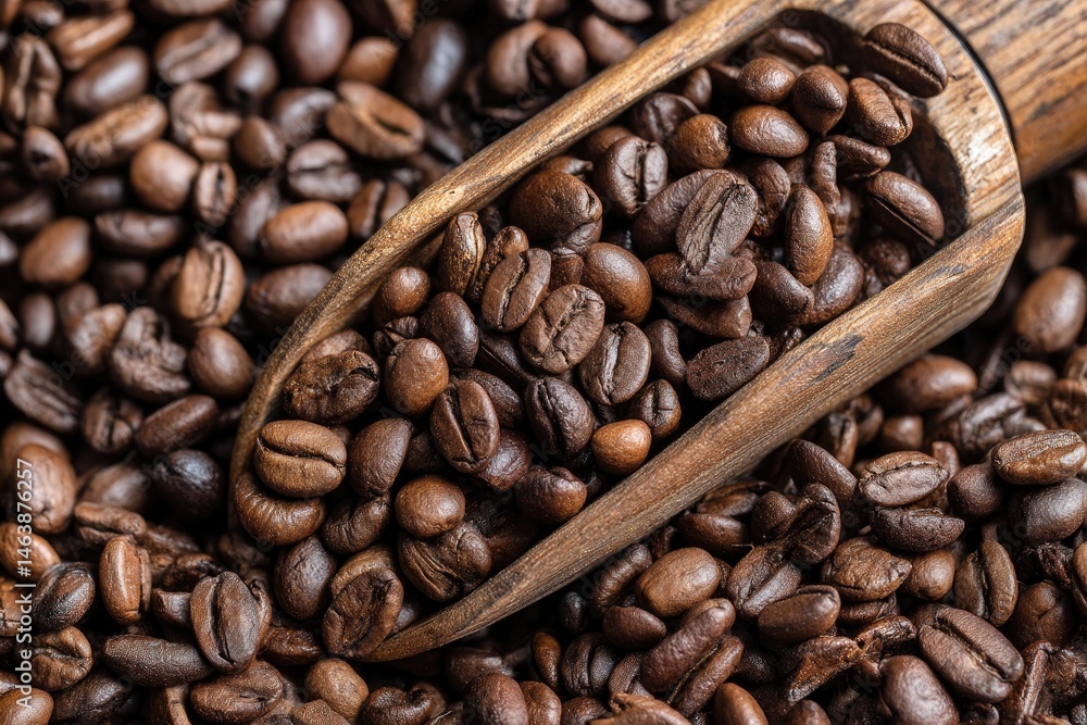 Naklejka premium Aromatic Coffee Beans Spread Extensively Displayed with Wooden Scoop for Perfect Brewing