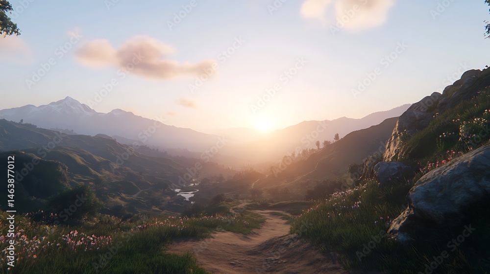 Obraz premium Serene Sunset Trail Winding Through Lush Mountain Valley Landscape Peaceful Nature Scenery at Golden Hour