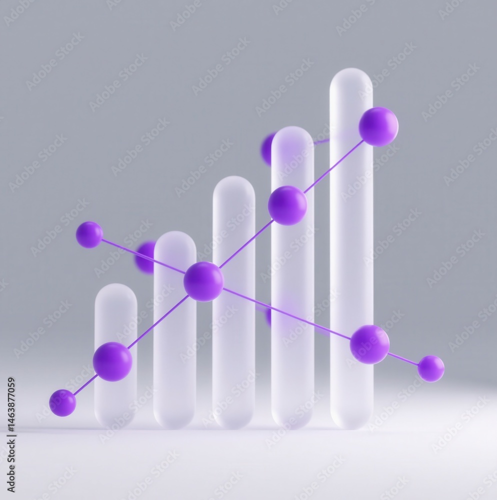 Fototapeta premium Abstract 3D Data Visualization Minimalist Glass Bar Chart with Purple Nodes