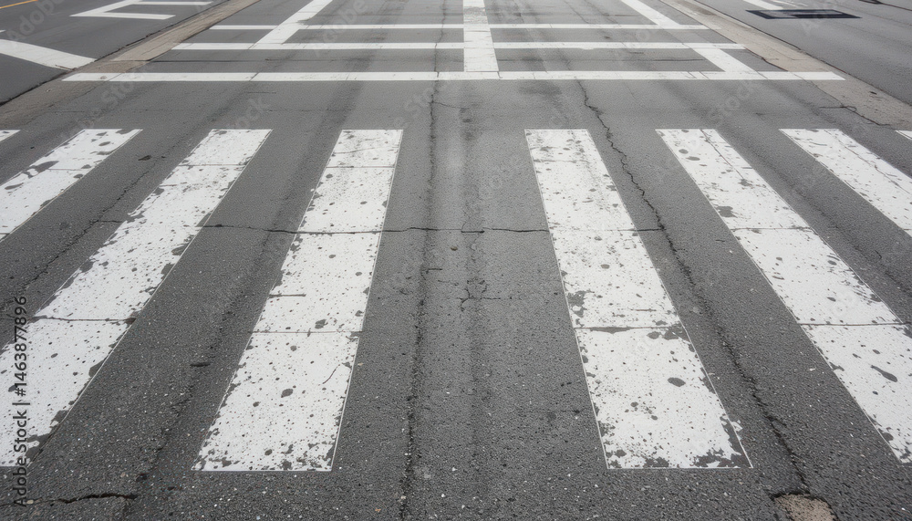 Fototapeta premium Close-Up View of a Crosswalk on a City Street Showcasing Worn Out Pedestrian Lane Markings and Textures of Asphalt Surface