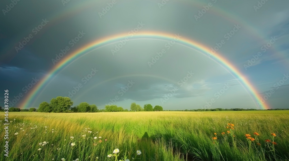 Naklejka premium Rainbow over Meadow After Rain, 3D illustration