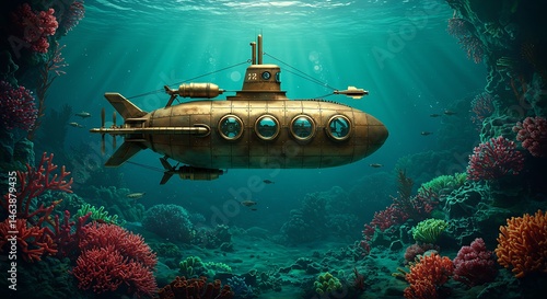 steampunk fantasy submarine bathyscaphe exploring coral sea bed, top view with golden tones and clear copy space at the bottom. ,isolated on bright background, no text ,copy space