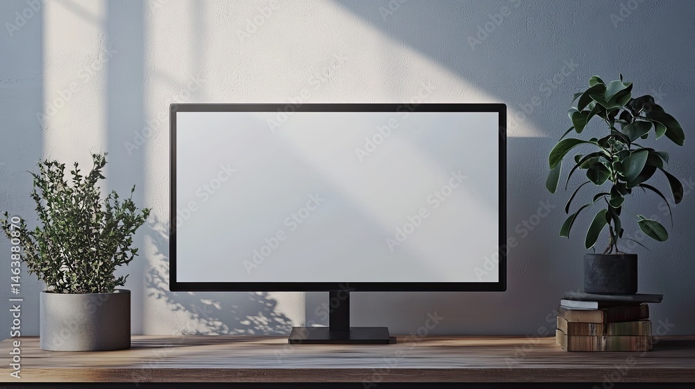 Desktop computer mockup blank screen workspace plants wooden desk home office interior design Desktop computer mockup blank screen workspace plants wooden desk home office interior design