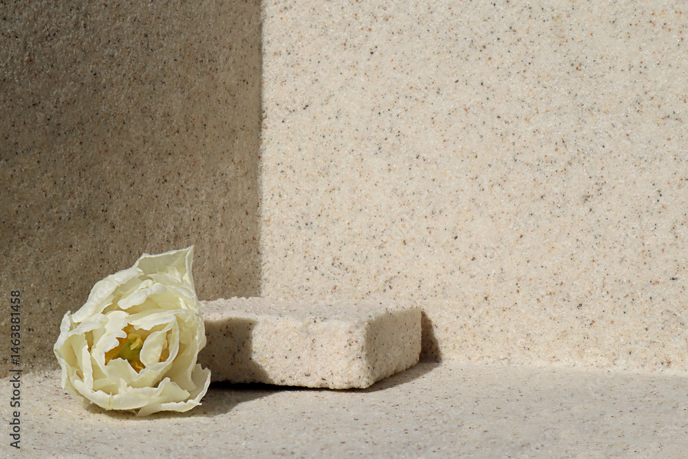 Rectangular stone podium against the background of a light stone wall and a white tulip flower. Cosmetic product display backdrop for luxury beauty. Minimalism style.