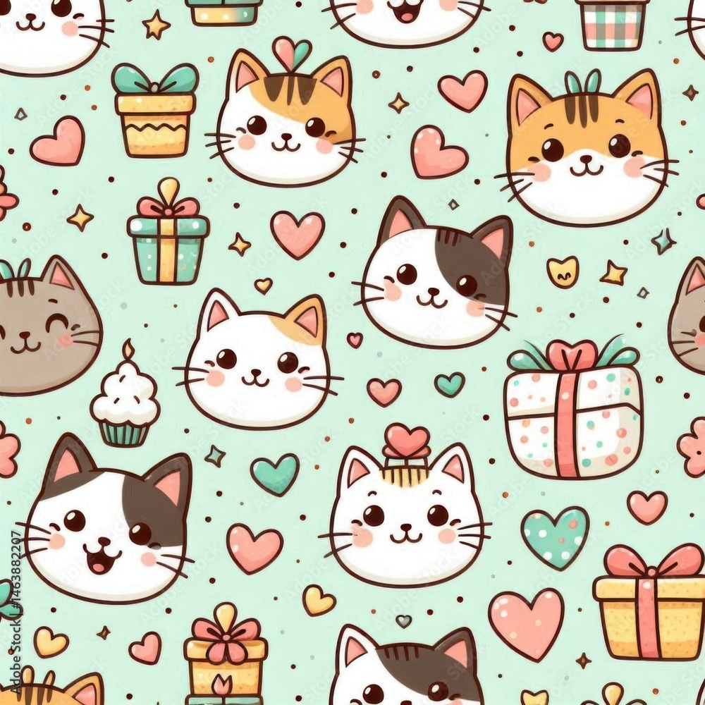 Obraz premium Cute cat faces pattern fun graphic design whimsical style playful background vibrant colors adorable artwork