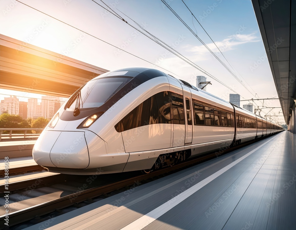 Fototapeta premium Dynamic Motion of a Bright Modern Train Captured in Fast-Paced Urban Environment