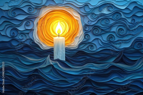 Stylized paper art shows candle flame on ocean with swirls. Use to visualize hope, peace, and calm in turbulent times.