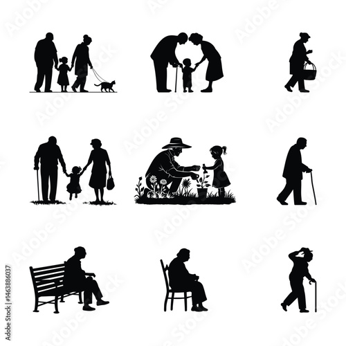 Collection of senior citizens and grandparents' silhouettes with children in various activities and daily life moments