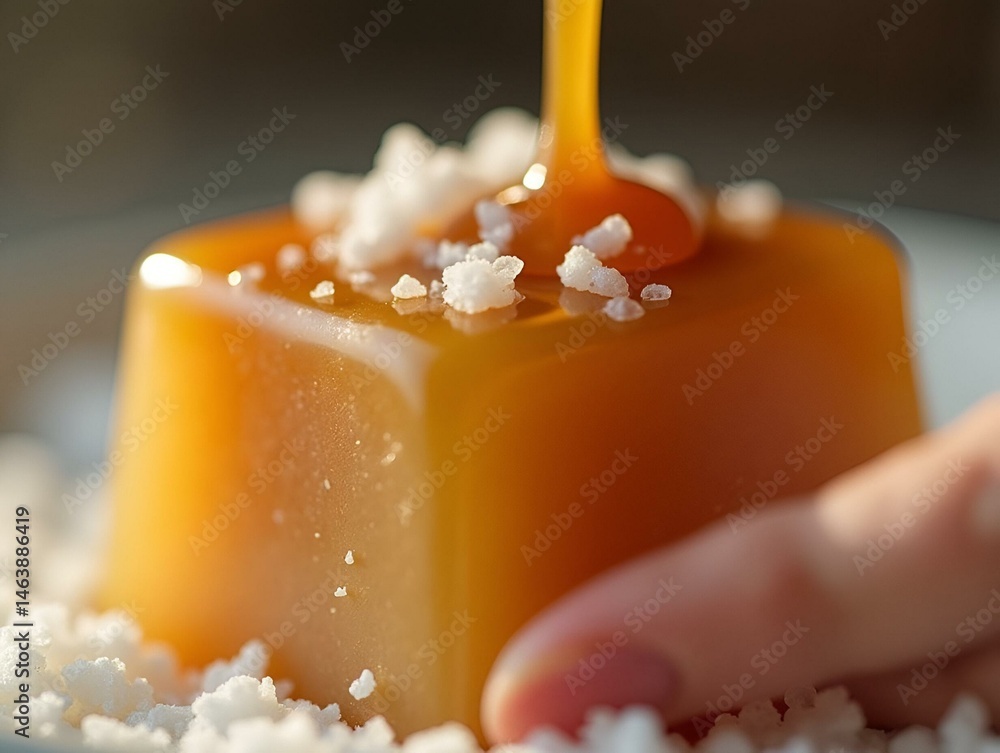 Flying salty caramel candy topped with salt crystals and pouring caramel sauce