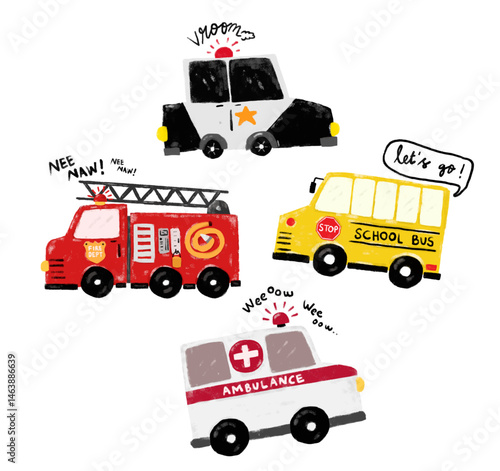 Cute set community emergency vehicles transportation crayon kids doodle crayon watercolour illustration police car school bus ambulance fire truck engine with vroom sound text word letters nursery