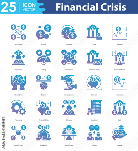 Financial Crisis icon sheet vector illustration blockchain, bubble, economic, bank, volatility, depression, rating, globalization, monetary policy, economic crisis, global crisis, balance, development