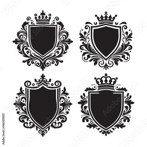 Set of Black and white silhouette of a decorative ornamental emblem, royal vintage crest shield, crown heraldry victorian elegant luxury frame vector illustration isolated on a white background