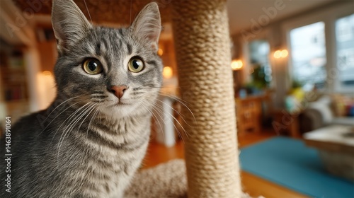 Adorable grey striped cat sitting on a scratching post, looking curiously around the room