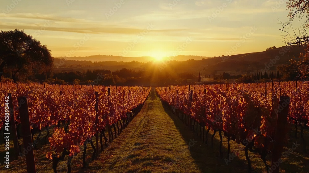 Fototapeta premium Golden Hour Vineyard Sunset Rows of Vines Bathed in Warm Light