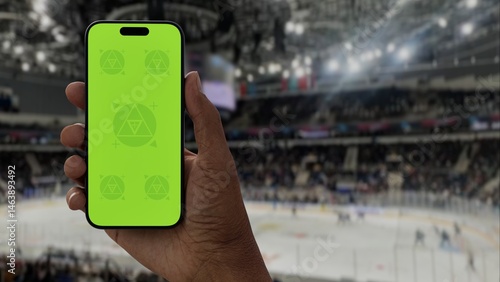 GREEN SCREEN CHROMA KEY A hand holding a phone with a green screen at a hockey game in an indoor stadium, ideal for showcasing live sports or betting apps