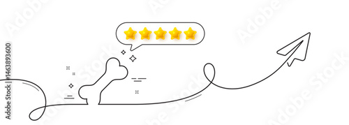 Dog bone line icon. Continuous line with share plane. Pets food sign. Pet feeding symbol. Five star rate review in speech bubble. Dog bone single line ribbon. Loop curve pattern. Vector