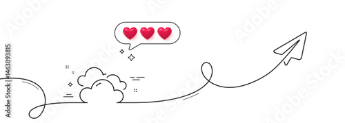 Cloudy weather line icon. Continuous line with share plane. Clouds sign. Sky symbol. Hearts rate review in speech bubble. Cloudy weather single line ribbon. Loop curve pattern. Vector