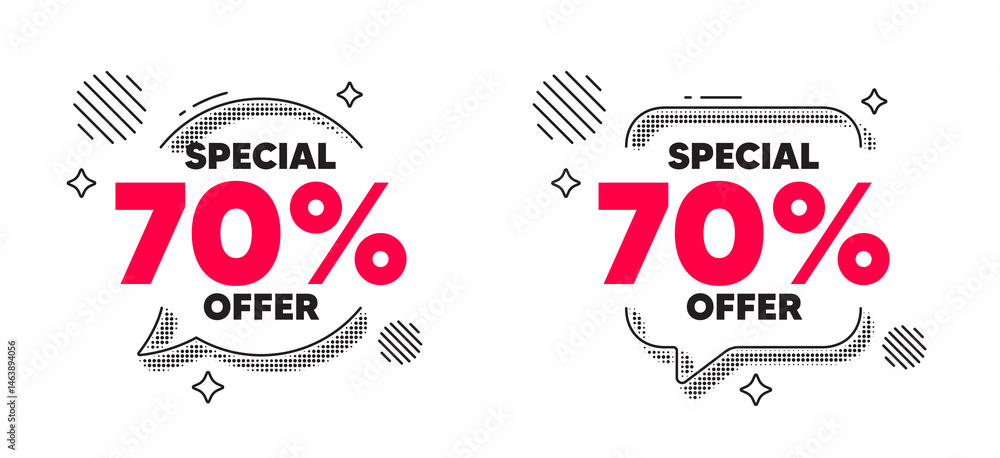 Naklejka premium Discount chat speech bubble. Social media concept. 70 percent discount offer tag. Sale price promo sign. Special offer symbol. Line design chat bubble. Vector