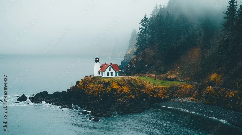 Fototapeta premium Coastal Lighthouse in Misty Seascape